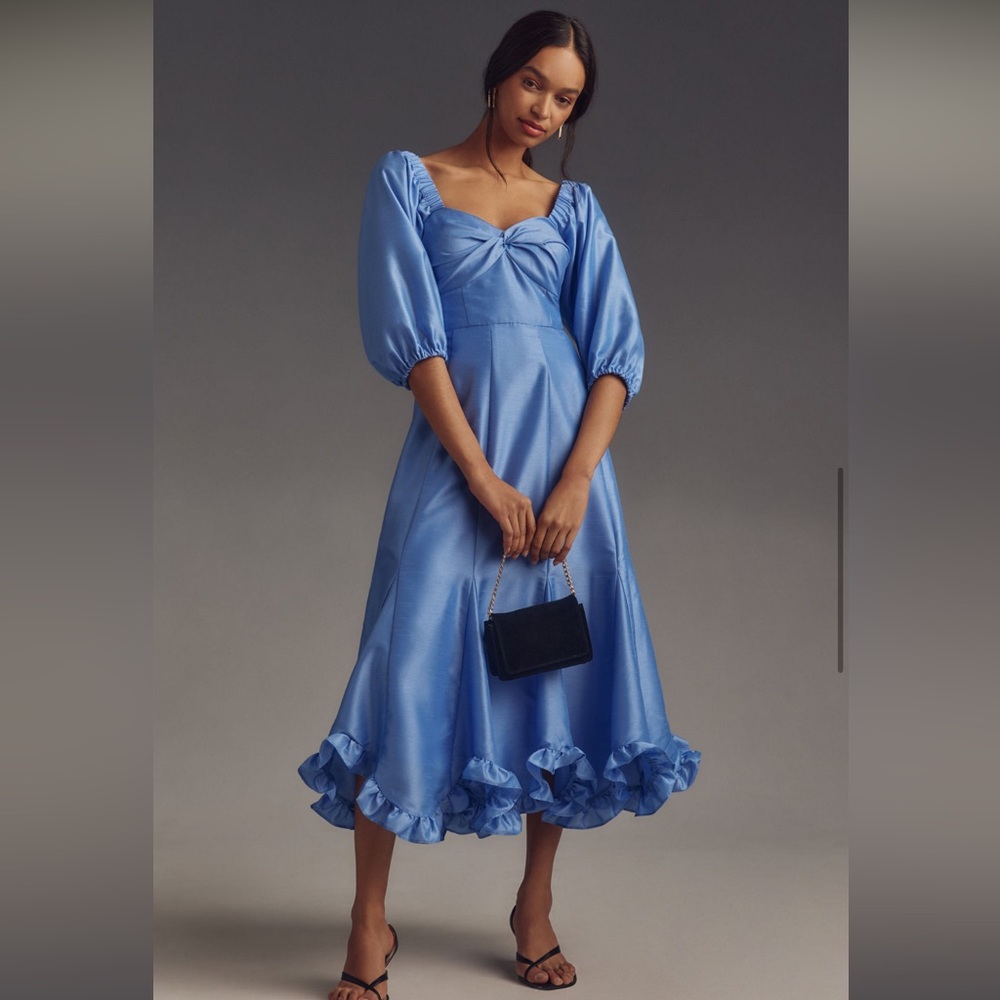 Hutch Twist Front Puff-Sleeve Ruffle-Hem Dress
